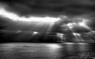 Sunlight clouds ocean boat black - crepuscular ray free wallpaper