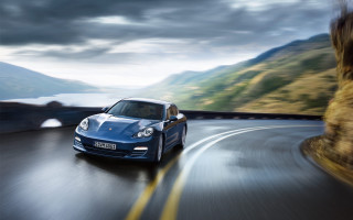 Blue sports car driving road 6 - cloudy free wallpaper