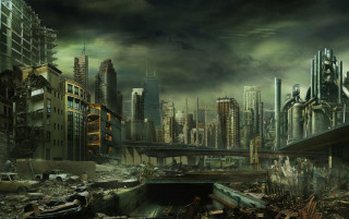 City tall buildings bridge debris - apocalyptic free wallpaper