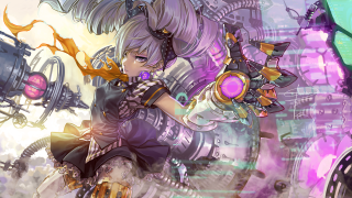 Girl gun purple dress steampunk - cybernetic free wallpaper