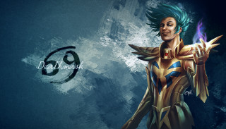 Woman blue hair gold outfit - art free wallpaper