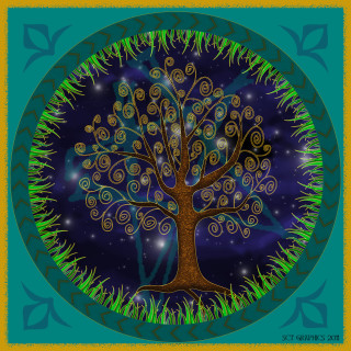 Tree swirl stars blue circle - a yellow border free wallpaper