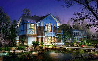 Large blue house pond night - a bridge and trees free wallpaper