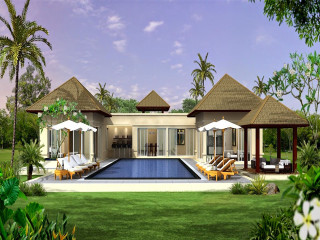 Large house pool lounge chairs - chair and umbrellas free wallpaper