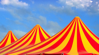 Red yellow striped tents cloudy - a few white cloud free wallpaper