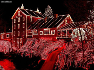 House christmas lights waterfall nighttime - christmas free wallpaper
