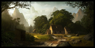 House forest stream mountains painting - a stream free wallpaper