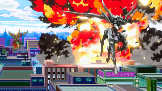 Cartoon character flying city explosion - mecha free wallpaper