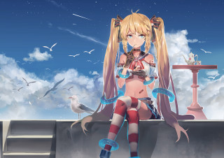 Girl sitting ledged bird sky - cloud and birds free wallpaper