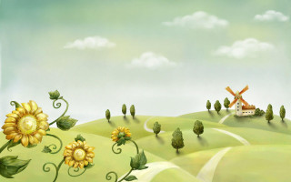Green landscape windmill sunflowers road 2 - a green landscape free wallpaper