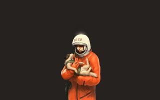 Man orange jacket holding cat - socialist realism free wallpaper