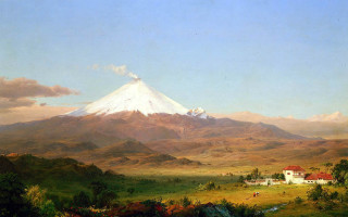 Mountain house red roof foreground - a painting of a mountain free wallpaper