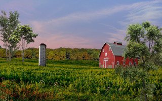 Red barn silo green field - a green field free wallpaper