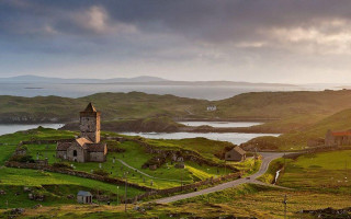 Small church hill lake mountains - romanesque free wallpaper