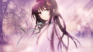 Girl white dress forest trees - a purple background free wallpaper