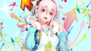 Girl pink hair headphones blue - arrow free wallpaper