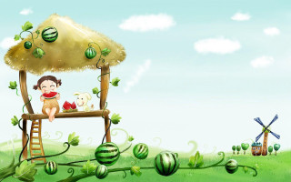 Girl dog bench thatched roof - arthur pan free wallpaper