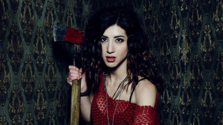 Woman bloodied ax wall forest - bloody free wallpaper