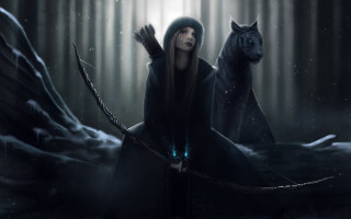 Woman bow cat dark forest - epic fantasy character art free wallpaper