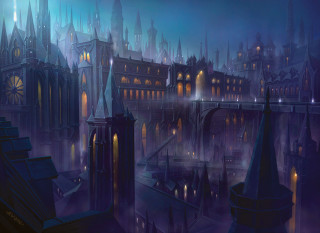 City night painting bridge buildings - a bridge and buildings free wallpaper