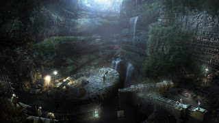 Dark cave waterfall man platform 2 - a dark cave free wallpaper