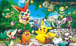 Pokemon park starters trees stonewall - a group of pokemons free wallpaper