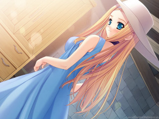 Girl blue dress hat kitchen - long hair free wallpaper for desktop
