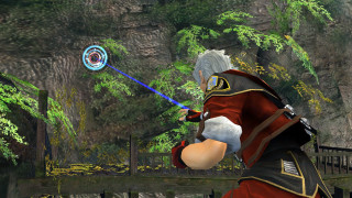 Man red outfit blue sword - a waterfall in the background free wallpaper