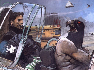 Man sitting car bird head - michael kaluta free wallpaper