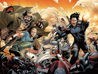 Cartoon motorcycle riders sky background - a man in the middle free wallpaper