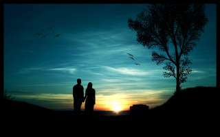 Couple tree sunset birds flying 2 - neoromanticism free wallpaper