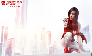 Woman red white outfit posing - skyscraper free wallpaper
