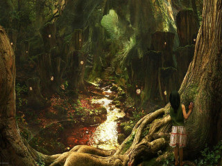 Woman forest stream trees moss - matte fantasy painting free wallpaper