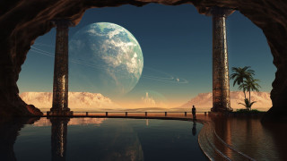 Man bridge planet distance palm - a palm tree in the foreground free wallpaper