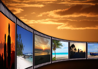 Beach sunset filmstrip boat background - a boat in the background free wallpaper