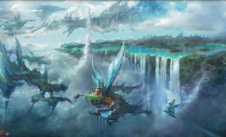 Waterfall birds flying castle painting - a bunch of birds free wallpaper