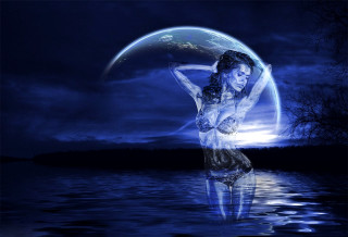 Woman standing water moon background - full free wallpaper