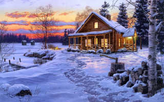 Cabin snow sunset fireplace snowy - a fine art painting free wallpaper