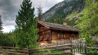 Log cabin fence mountain cloudy - art free wallpaper