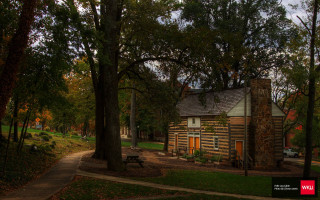 Small log cabin woods picnic - a path free wallpaper