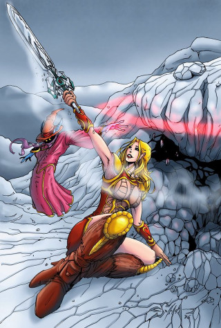 Woman kneeling sword demon behind - fantasy art free wallpaper
