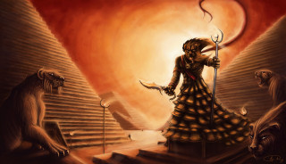 Woman dress staff monkey lion - egyptian art free wallpaper