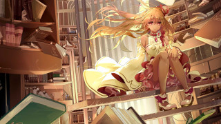 Girl sitting ledge library bookshelves - a detailed painting free wallpaper for desktop