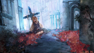 Woman sitting stone path cross - a painting of a woman free wallpaper
