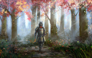 Man in armor walking forest - game art free wallpaper