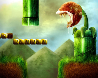 Fish jumping bamboo structure sky - 2 d game art free wallpaper