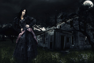 Woman black dress house night - full free wallpaper