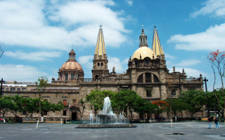 Large building fountain sky clouds 3 - david alfaro siqueiros free wallpaper