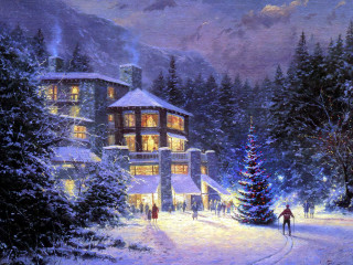 Snowy christmas city scene fireworks - kinkade free wallpaper