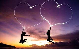Flying people hearts sky ocean - two person free wallpaper